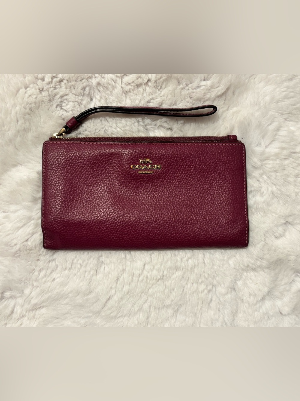 Coach Deep Berry Pebbled Leather Tri-Fold Wristlet Long Wallet F73156